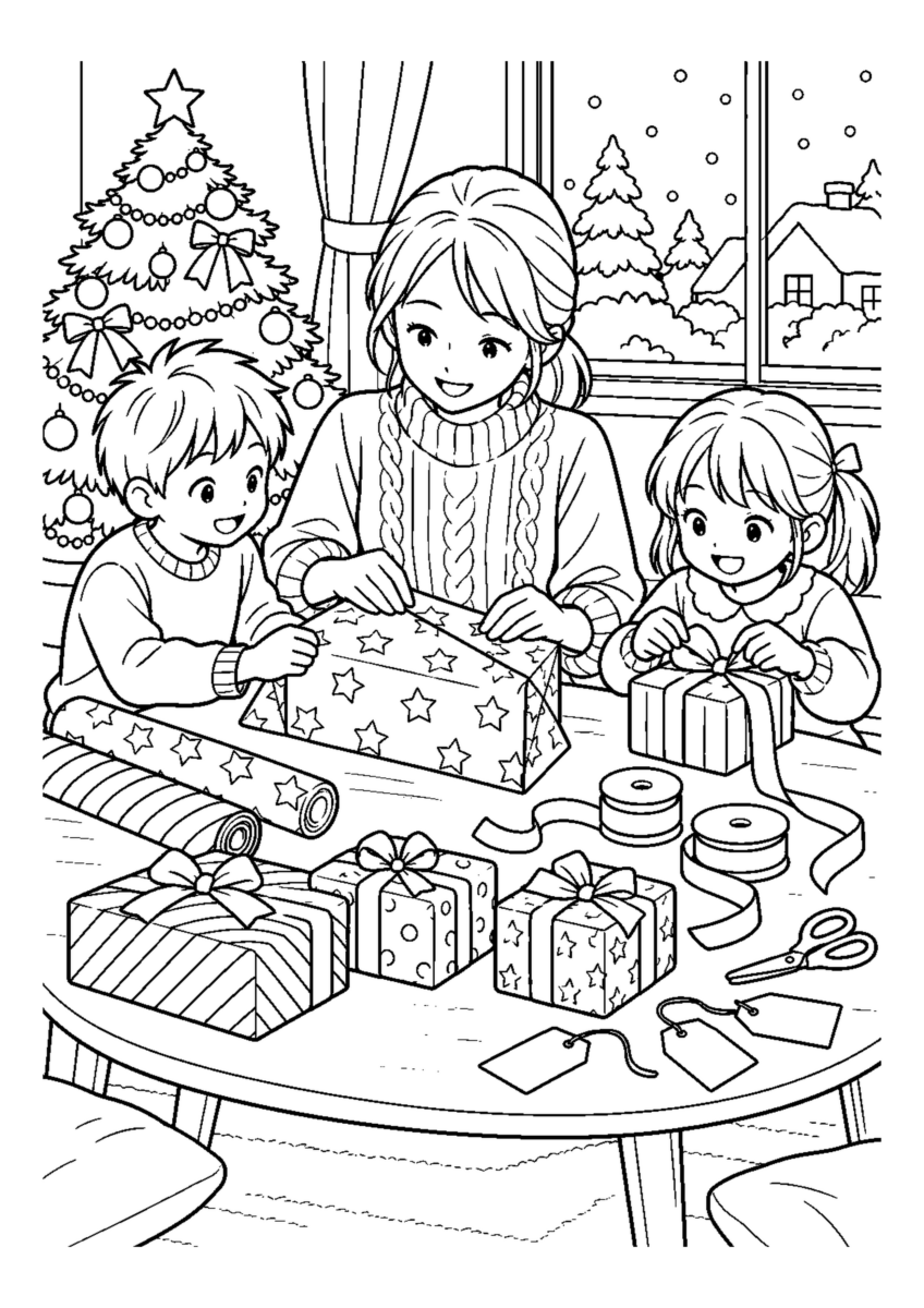 子どもとプレゼント包装を大きく描いた高齢者向けの白黒塗り絵
