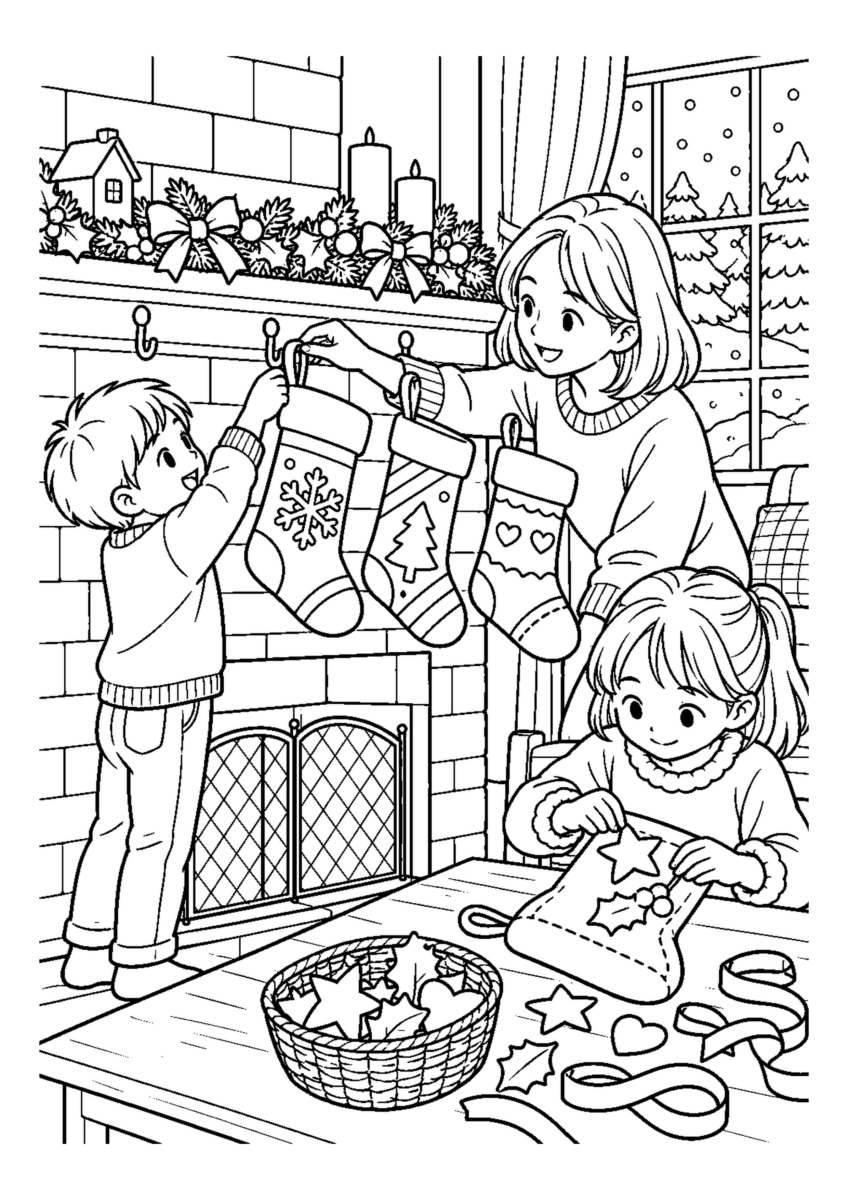 子どもと靴下飾りを大きく描いた高齢者向けの白黒塗り絵