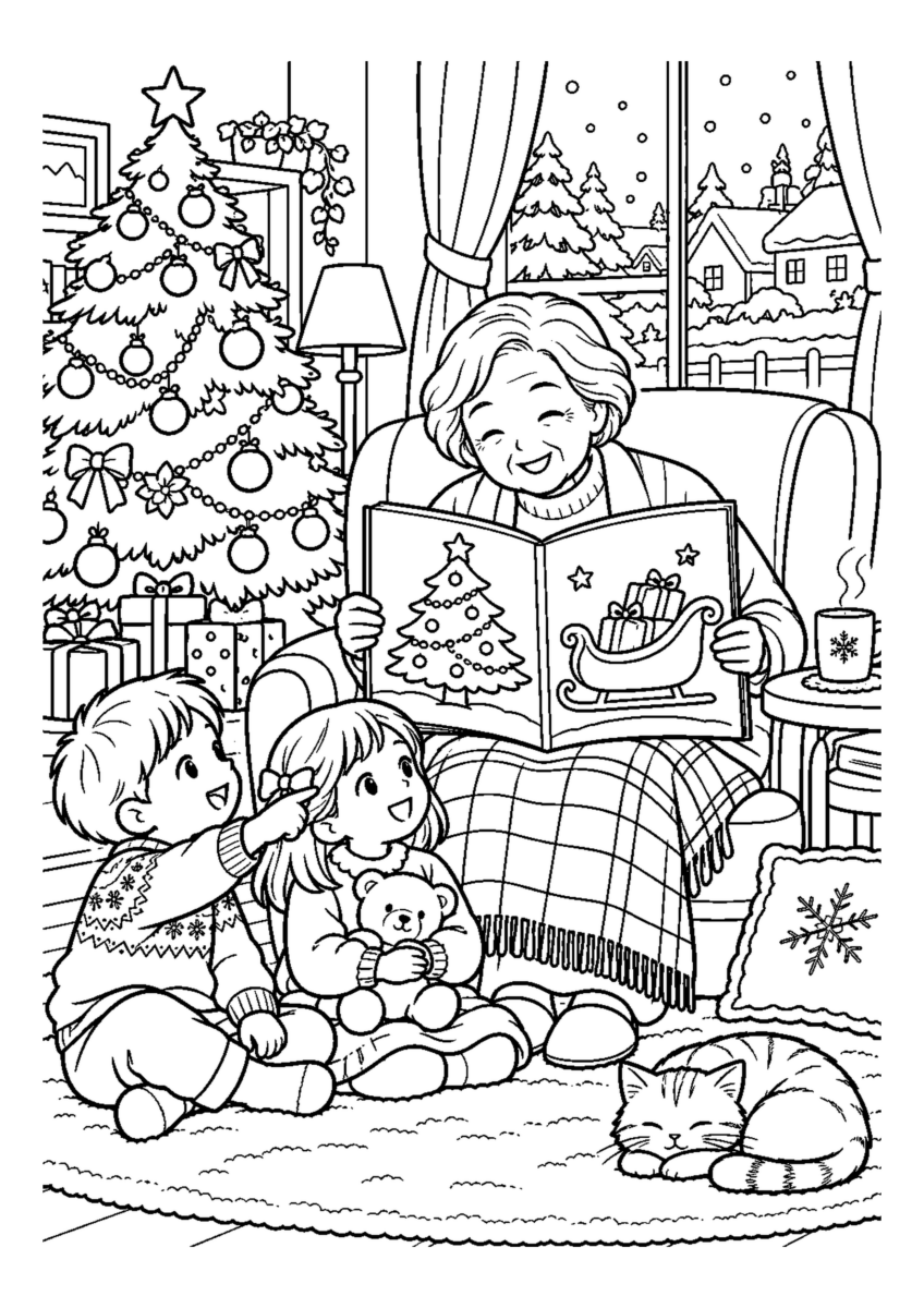 クリスマス絵本の読み聞かせを大きく描いた高齢者向けの白黒塗り絵