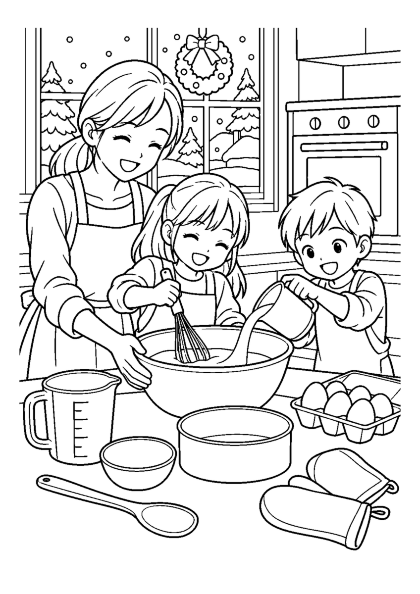 子どもとケーキのスポンジ作りを大きく描いた高齢者向けの白黒塗り絵