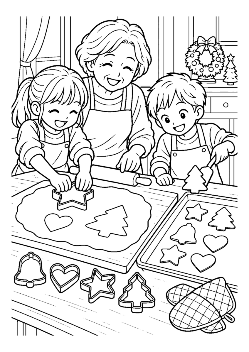子どもとクッキーの型抜きを大きく描いた高齢者向けの白黒塗り絵