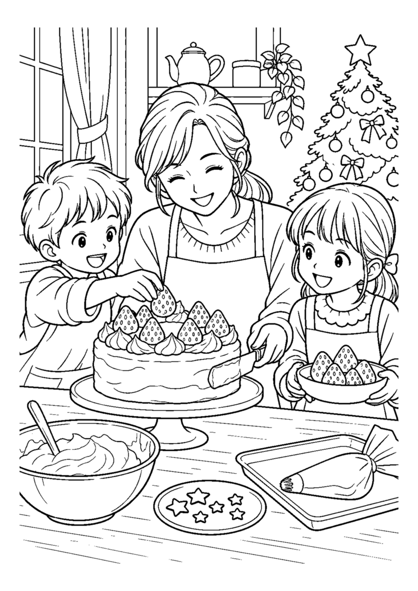 子どもとケーキに苺を飾るを大きく描いた高齢者向けの白黒塗り絵