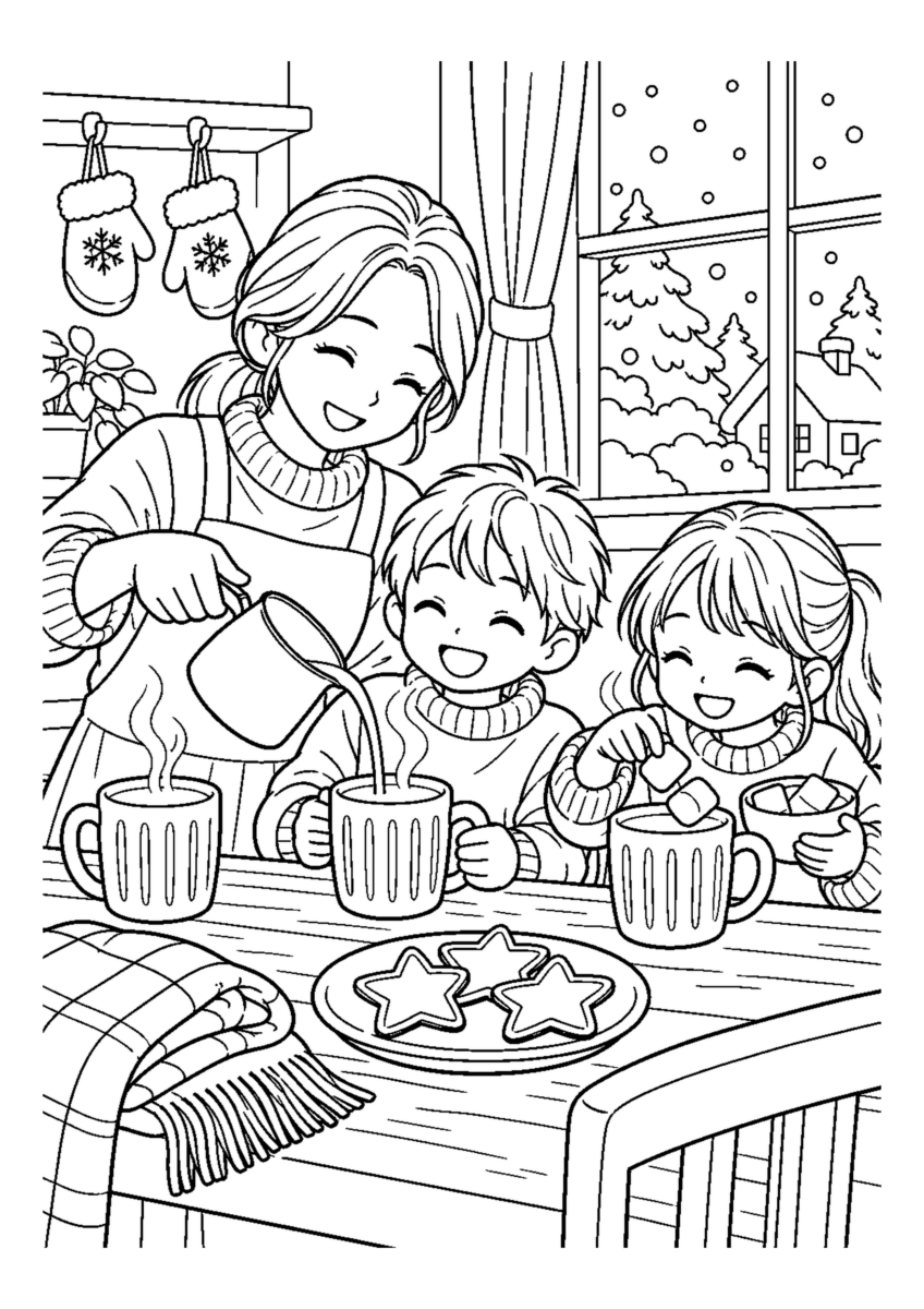 子どもと温かいココアを大きく描いた高齢者向けの白黒塗り絵