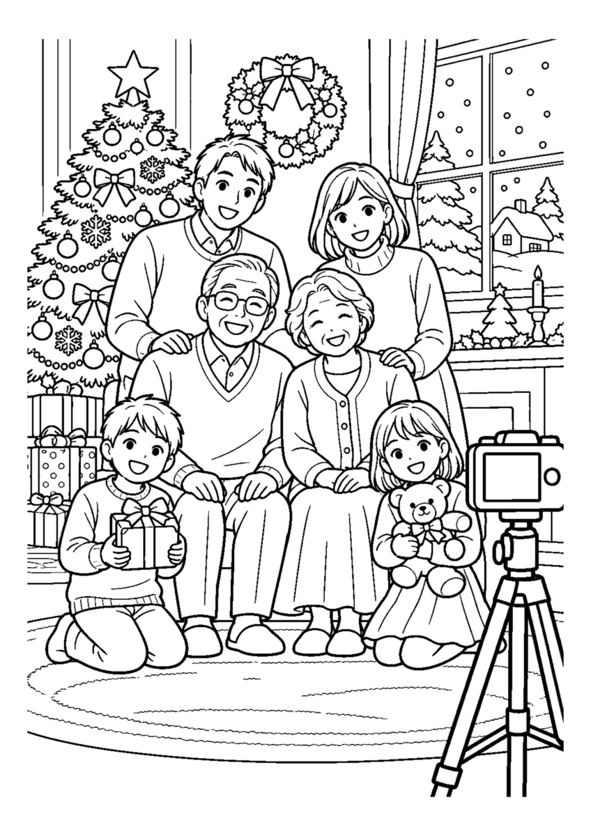 家族のクリスマス写真を大きく描いた高齢者向けの白黒塗り絵