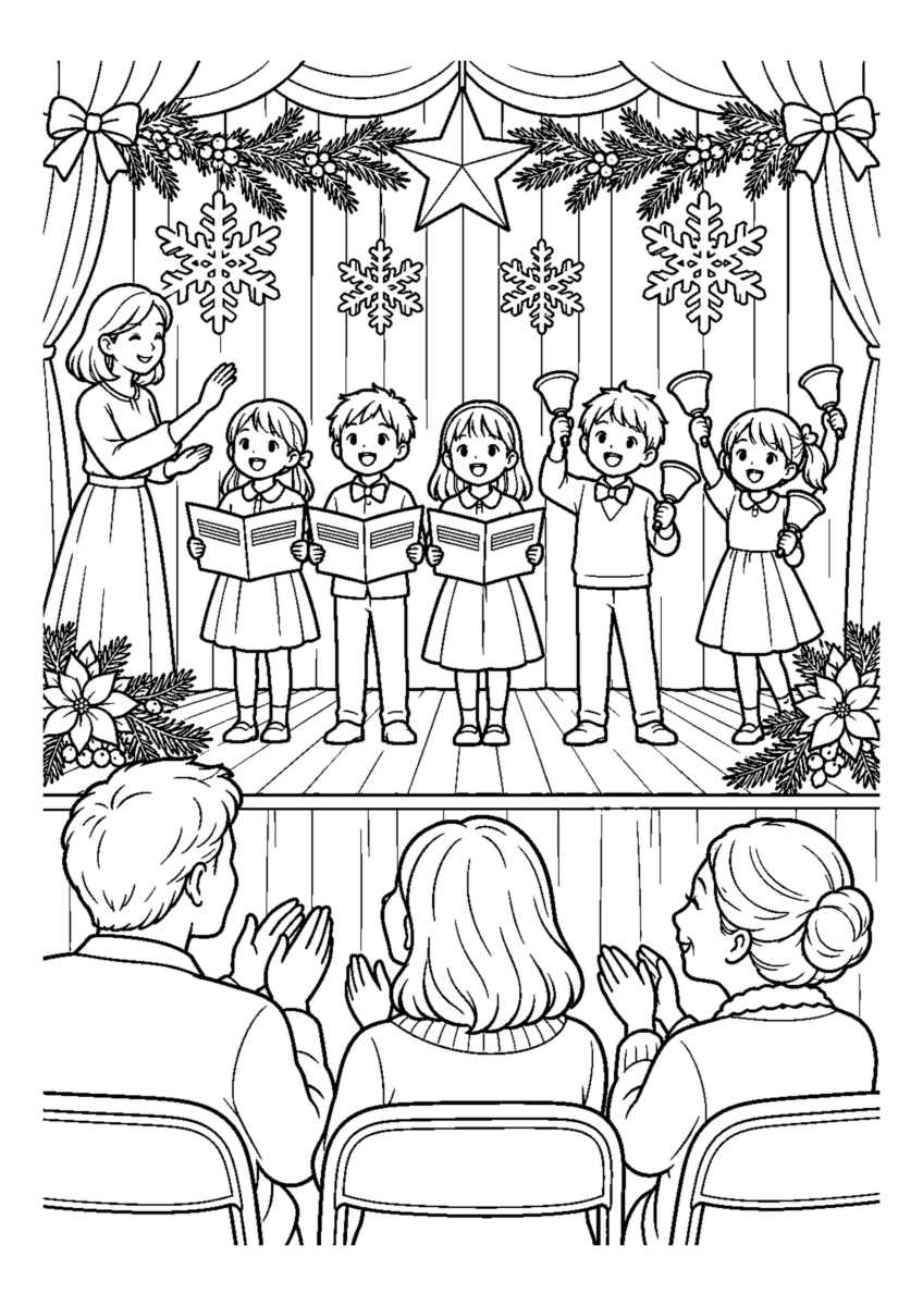 子どもの冬の発表会を大きく描いた高齢者向けの白黒塗り絵