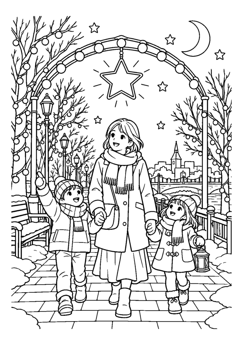子どもとイルミネーション散歩を大きく描いた高齢者向けの白黒塗り絵