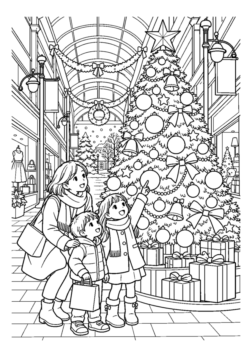子どもと商店街の大きなツリーを大きく描いた高齢者向けの白黒塗り絵