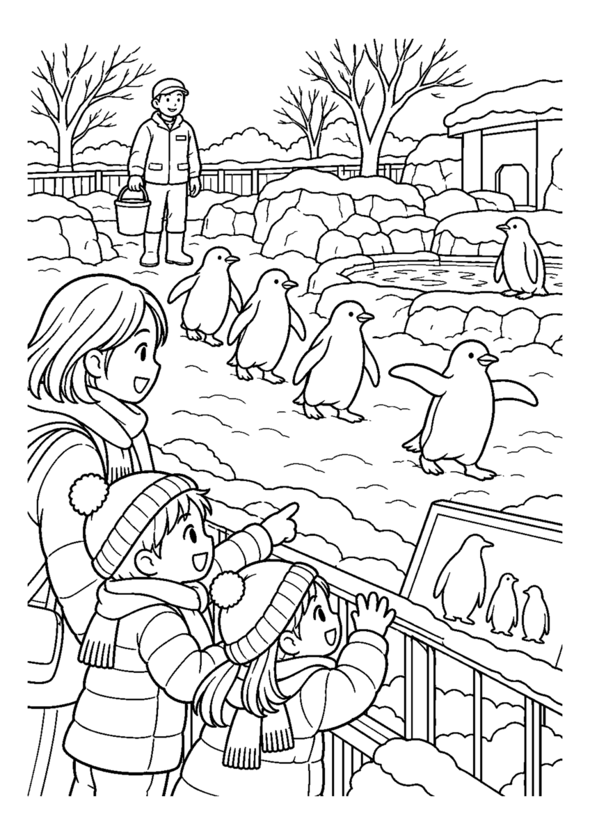 子どもと冬の動物園を大きく描いた高齢者向けの白黒塗り絵