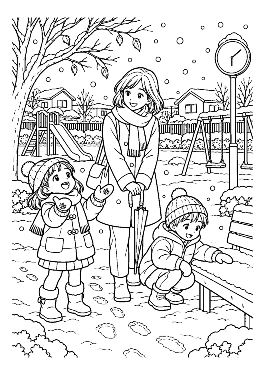 子どもと初雪の公園を大きく描いた高齢者向けの白黒塗り絵