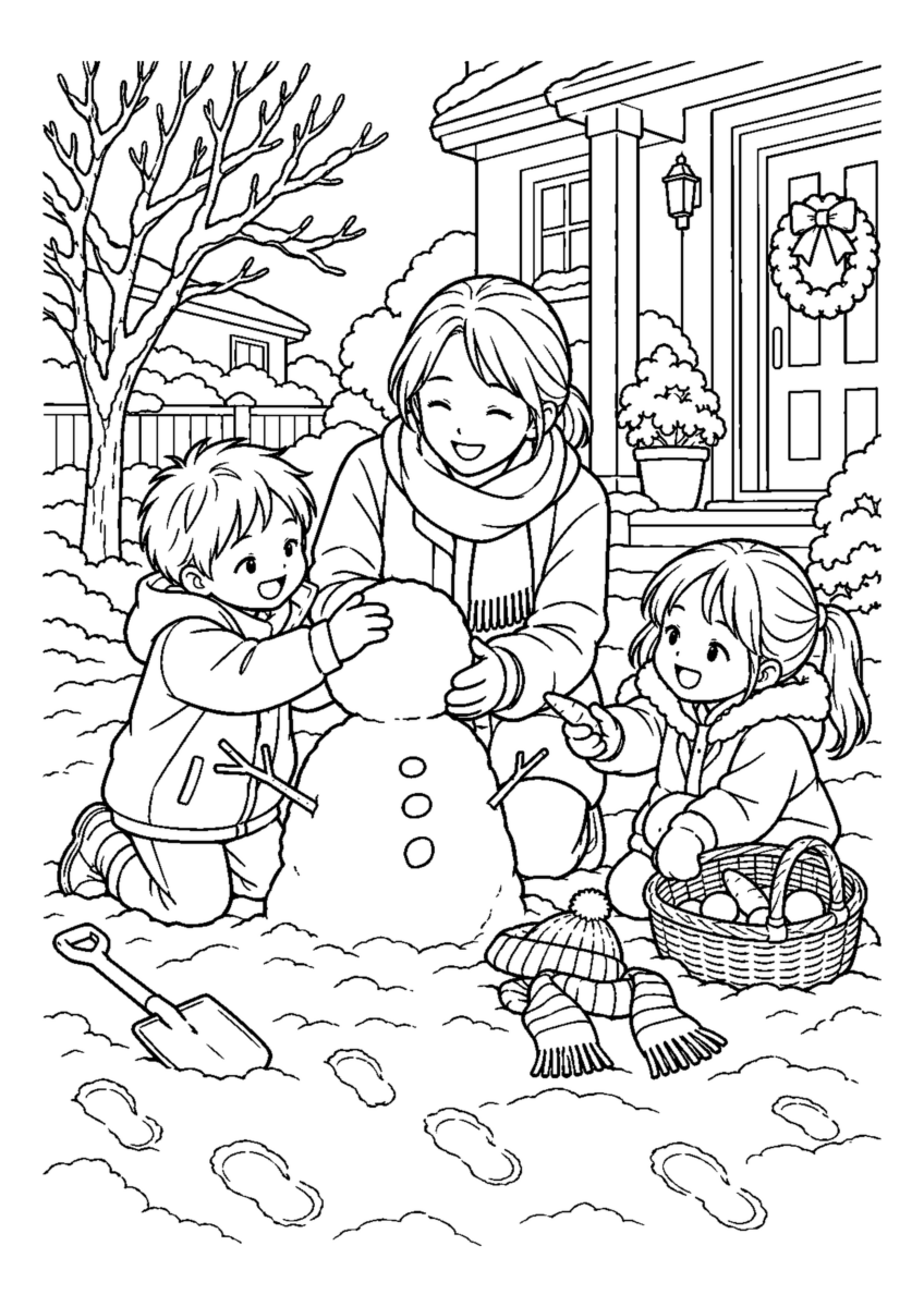 子どもと小さな雪だるまを大きく描いた高齢者向けの白黒塗り絵
