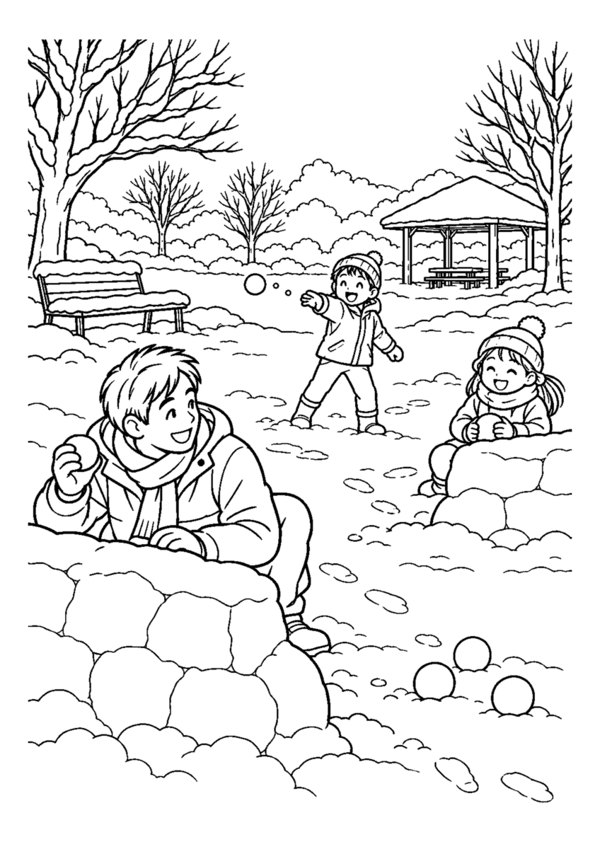 子どもと雪合戦を大きく描いた高齢者向けの白黒塗り絵