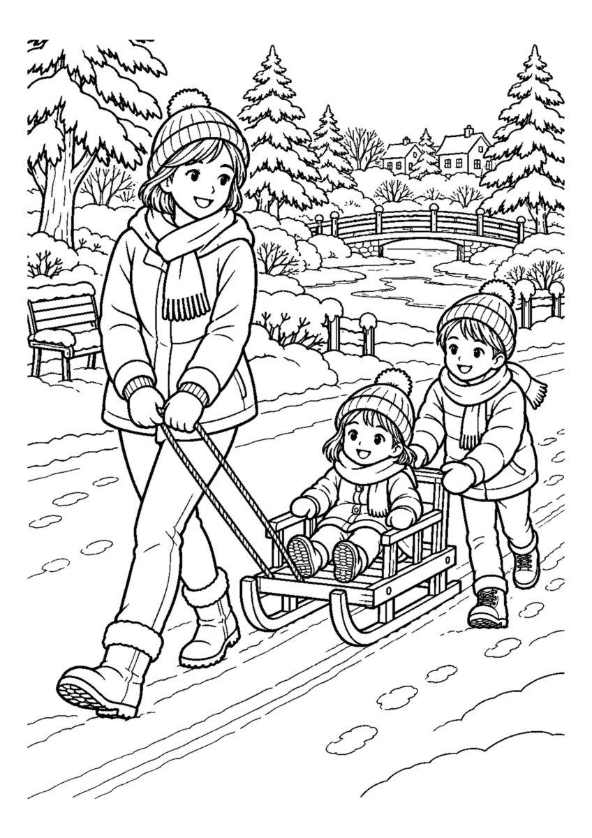 子どもとそりを引くを大きく描いた高齢者向けの白黒塗り絵
