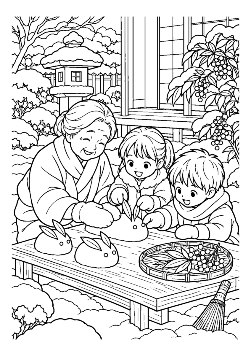 子どもと雪うさぎを大きく描いた高齢者向けの白黒塗り絵