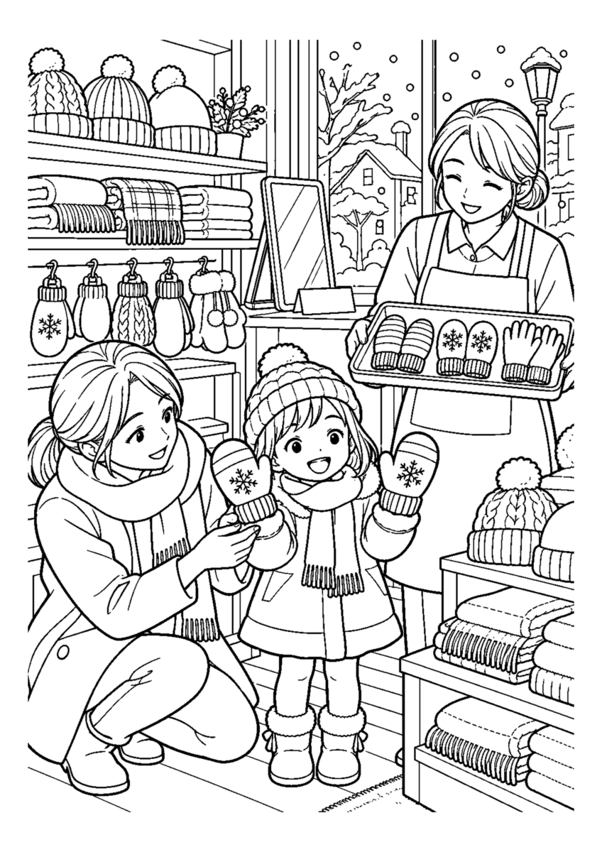子どもの手袋を選ぶを大きく描いた高齢者向けの白黒塗り絵