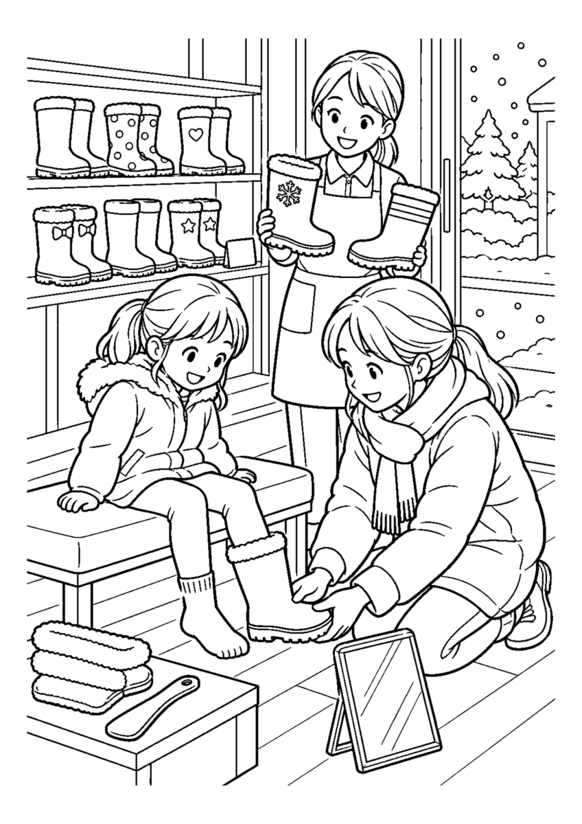 子どもの長靴を選ぶを大きく描いた高齢者向けの白黒塗り絵