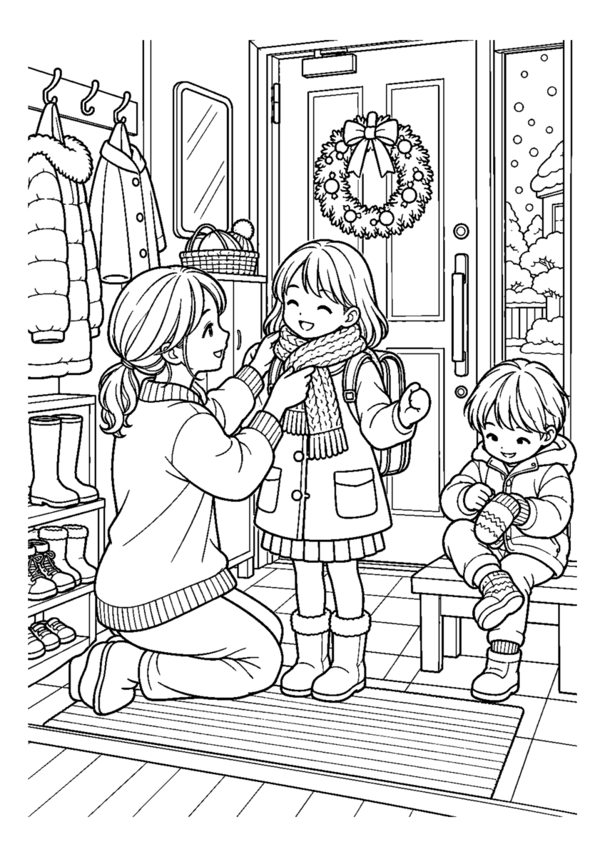 子どもにマフラーを巻くを大きく描いた高齢者向けの白黒塗り絵