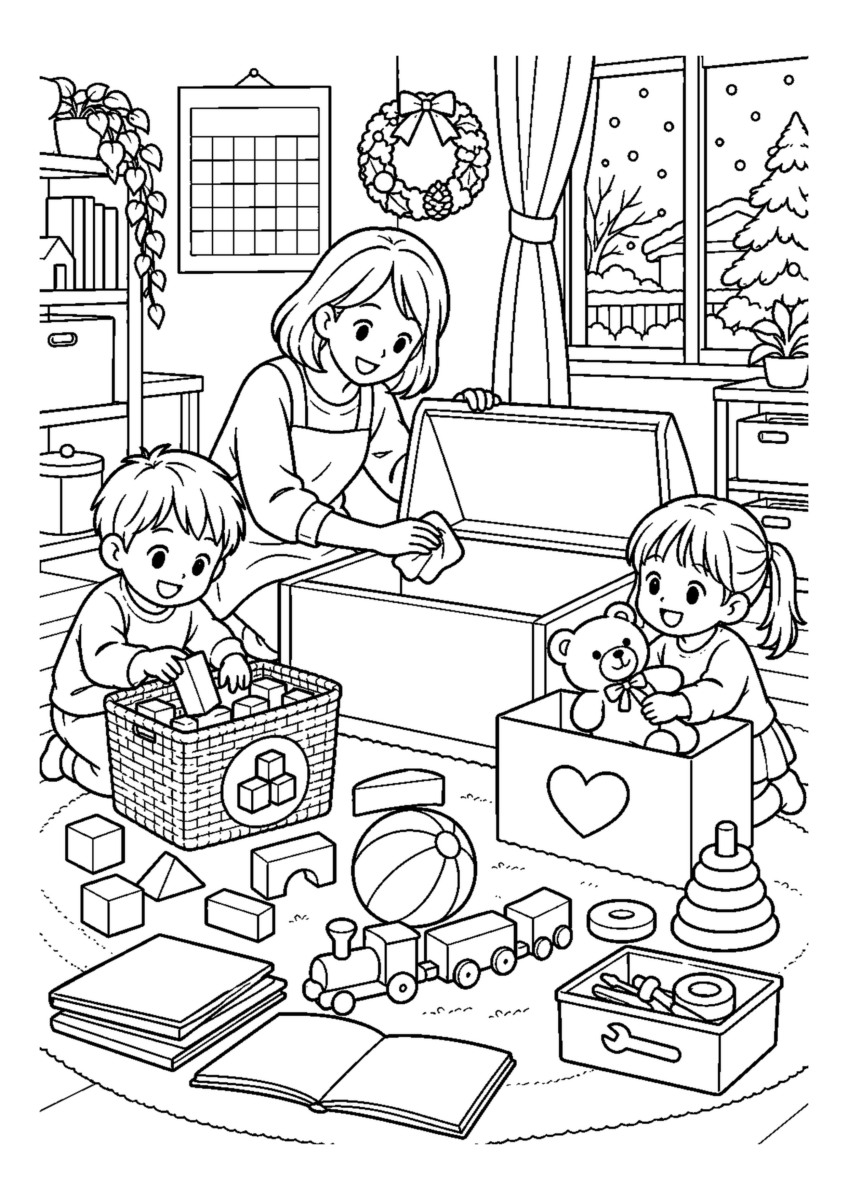 子どもとおもちゃ箱の大掃除を大きく描いた高齢者向けの白黒塗り絵