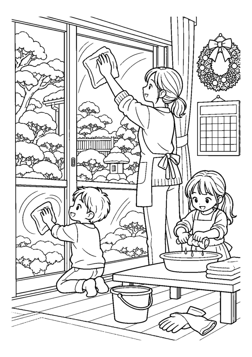 子どもと窓ガラスを拭くを大きく描いた高齢者向けの白黒塗り絵