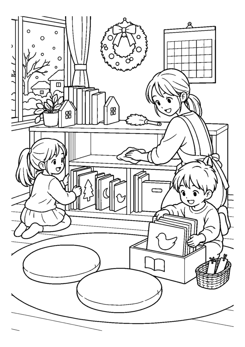 子どもと本棚の年末整理を大きく描いた高齢者向けの白黒塗り絵