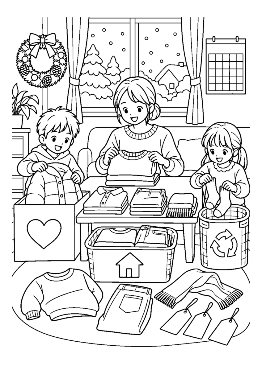 子どもと古着を仕分けるを大きく描いた高齢者向けの白黒塗り絵