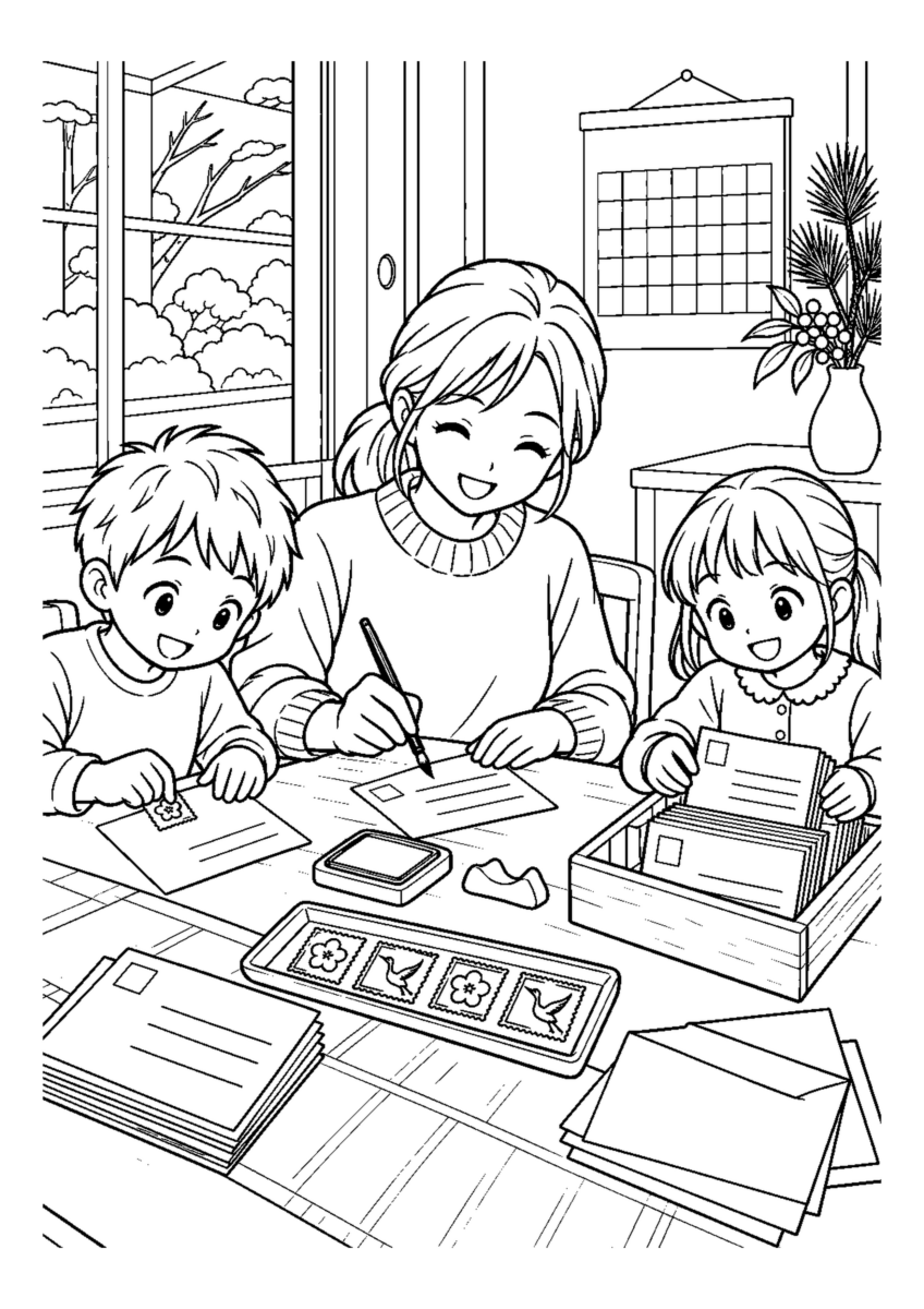 子どもと年賀状の宛名書きを大きく描いた高齢者向けの白黒塗り絵