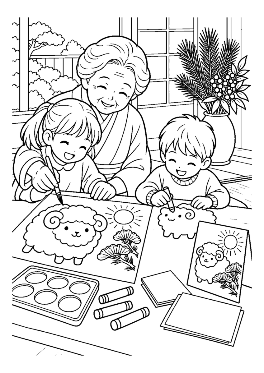 子どもと干支の絵を描くを大きく描いた高齢者向けの白黒塗り絵