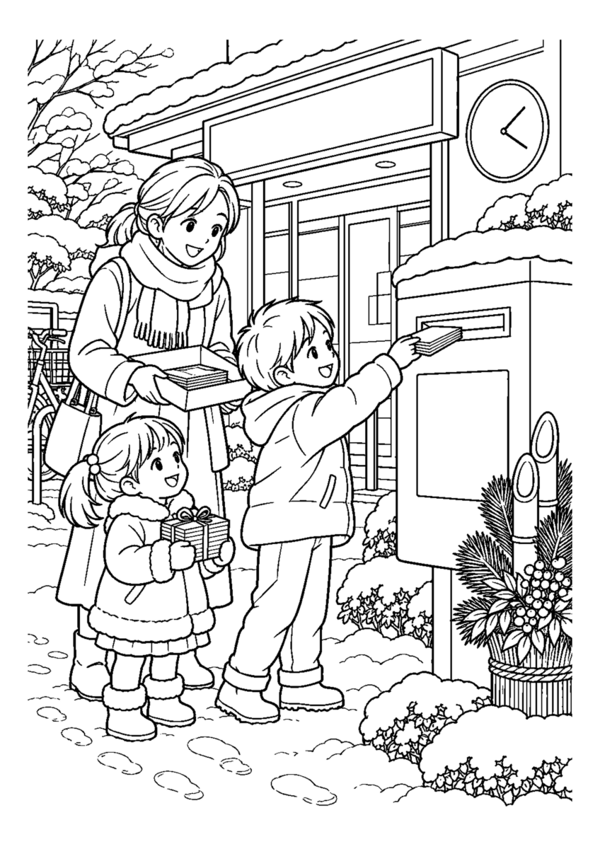 子どもと郵便局へ年賀状を大きく描いた高齢者向けの白黒塗り絵