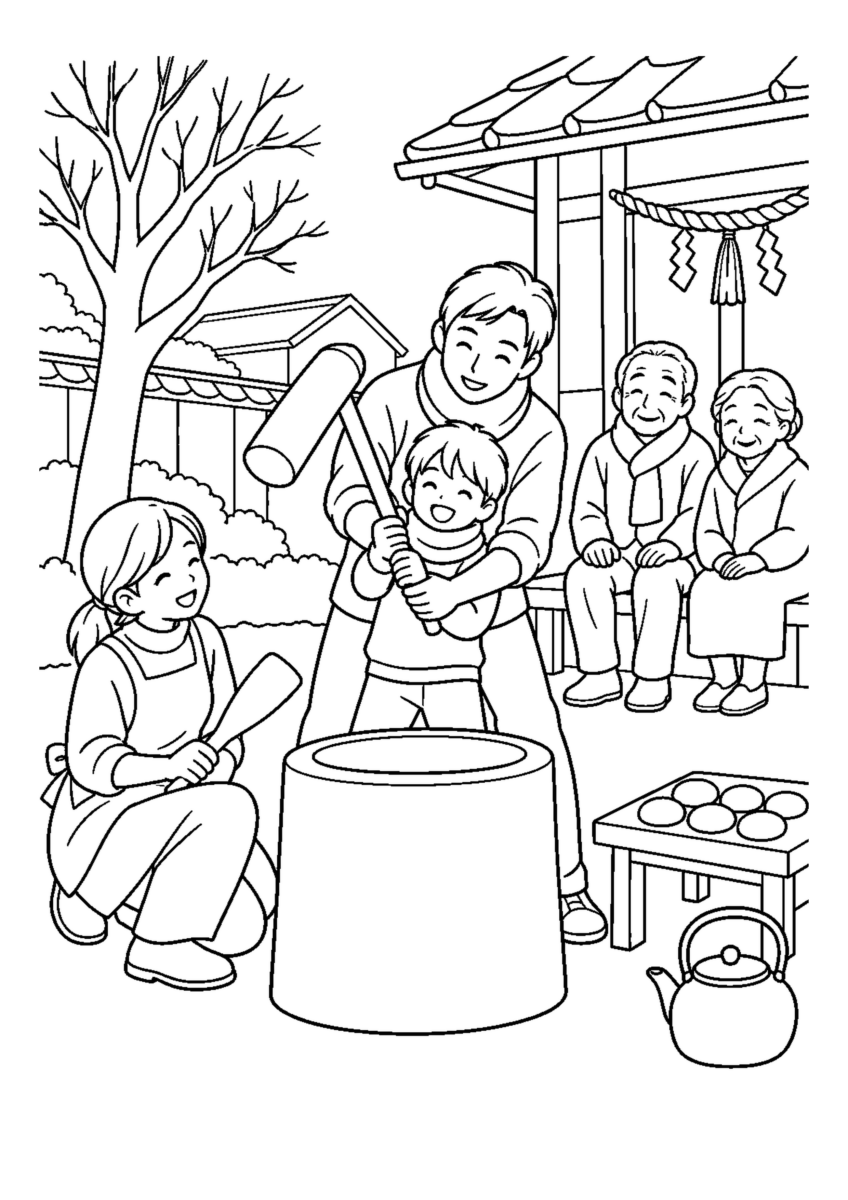 子どもと町内餅つき大会を大きく描いた高齢者向けの白黒塗り絵