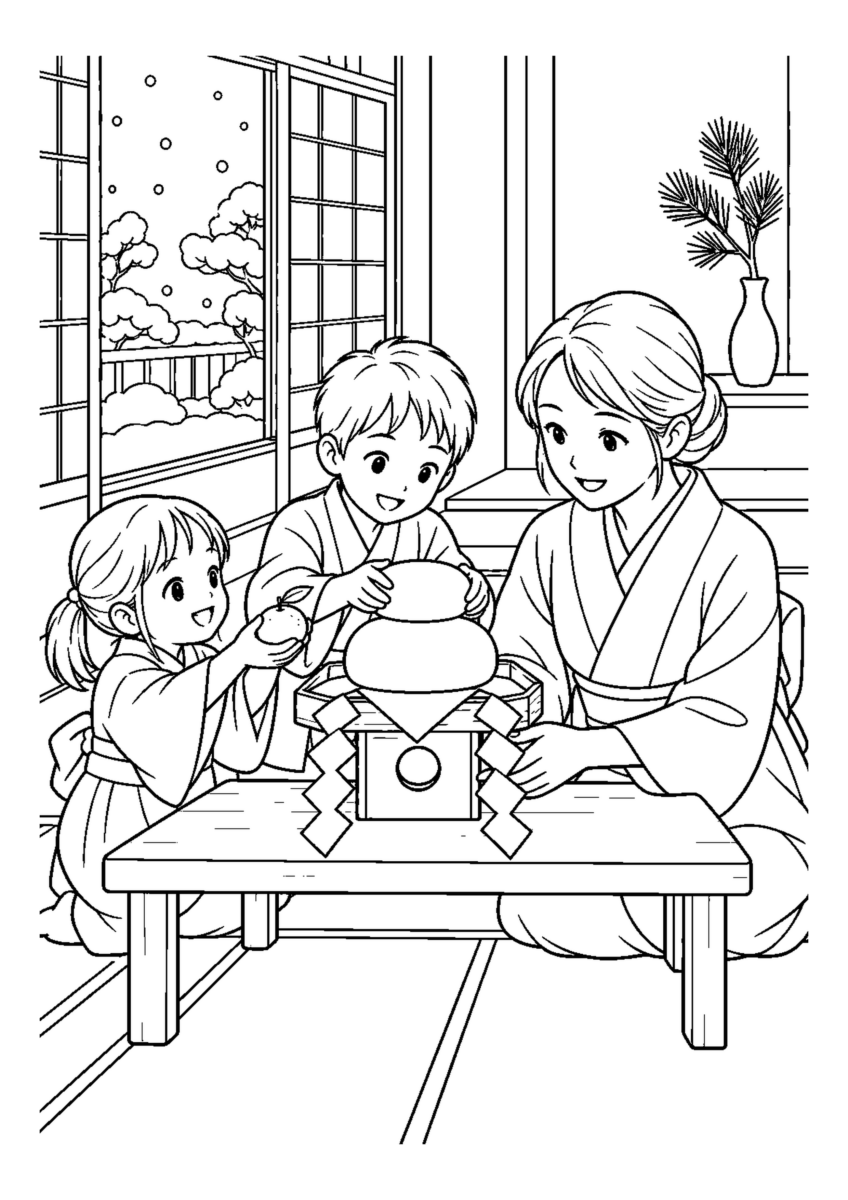 子どもと鏡餅を飾るを大きく描いた高齢者向けの白黒塗り絵