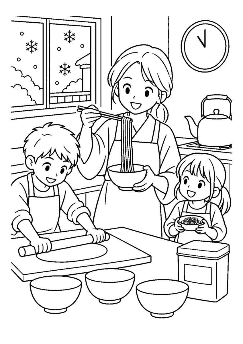子どもと年越しそば作りを大きく描いた高齢者向けの白黒塗り絵
