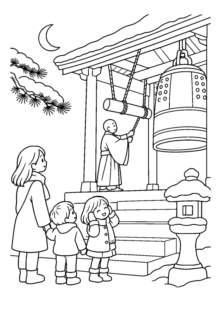 子どもと除夜の鐘を大きく描いた高齢者向けの白黒塗り絵