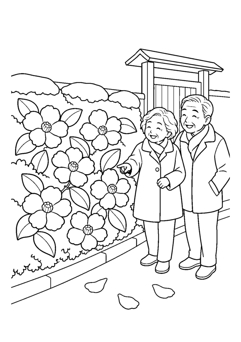 山茶花の垣根を大きく描いた高齢者向けの白黒塗り絵