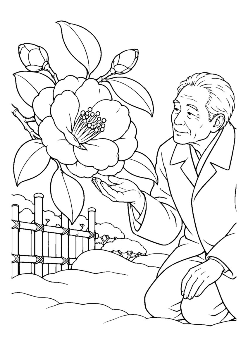寒椿の一輪を大きく描いた高齢者向けの白黒塗り絵