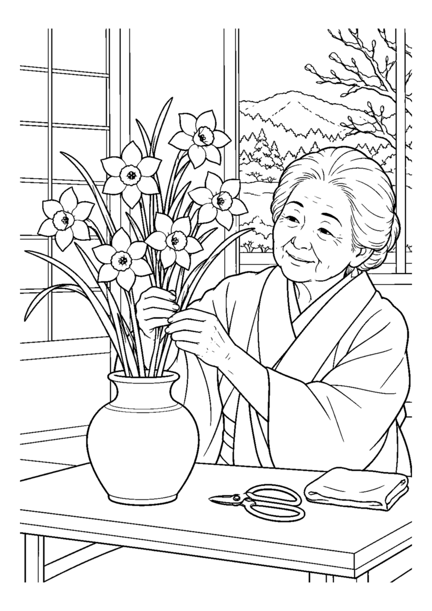 日本水仙の花束を大きく描いた高齢者向けの白黒塗り絵