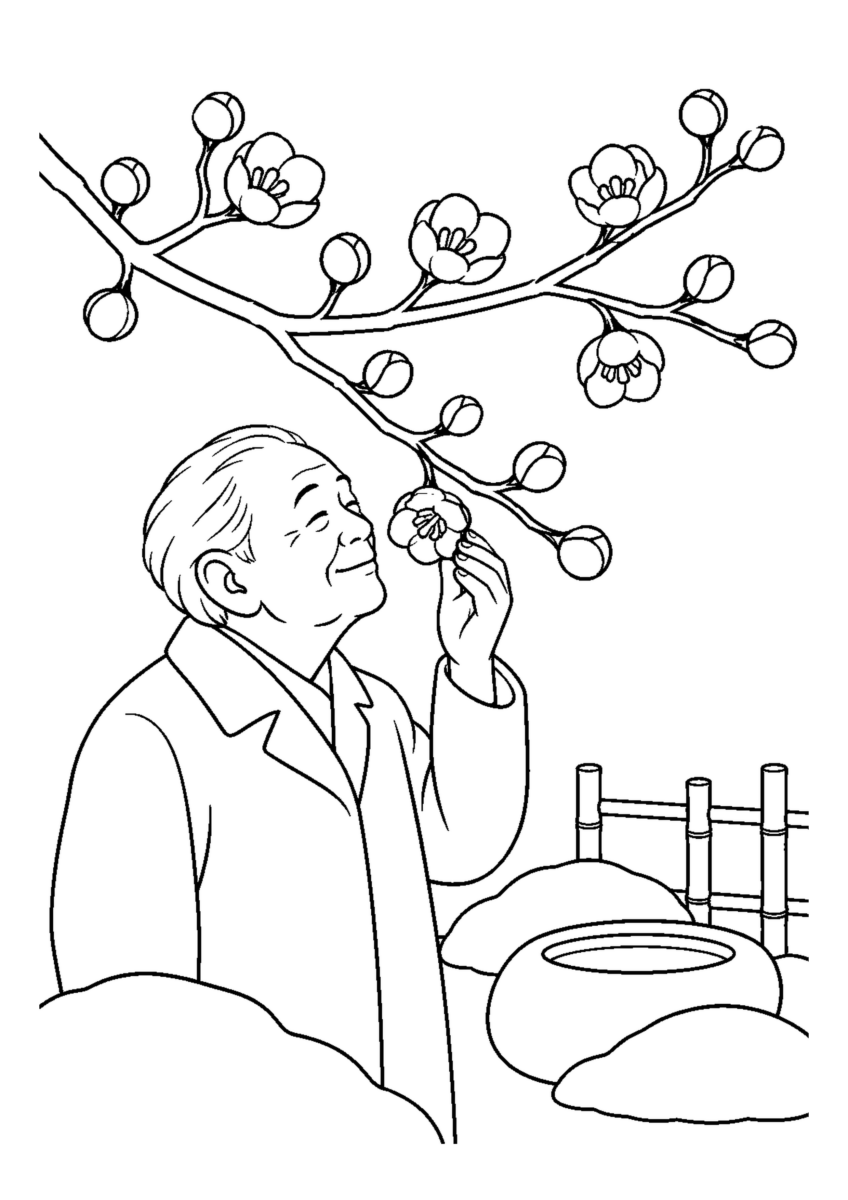 蝋梅のつぼみを大きく描いた高齢者向けの白黒塗り絵