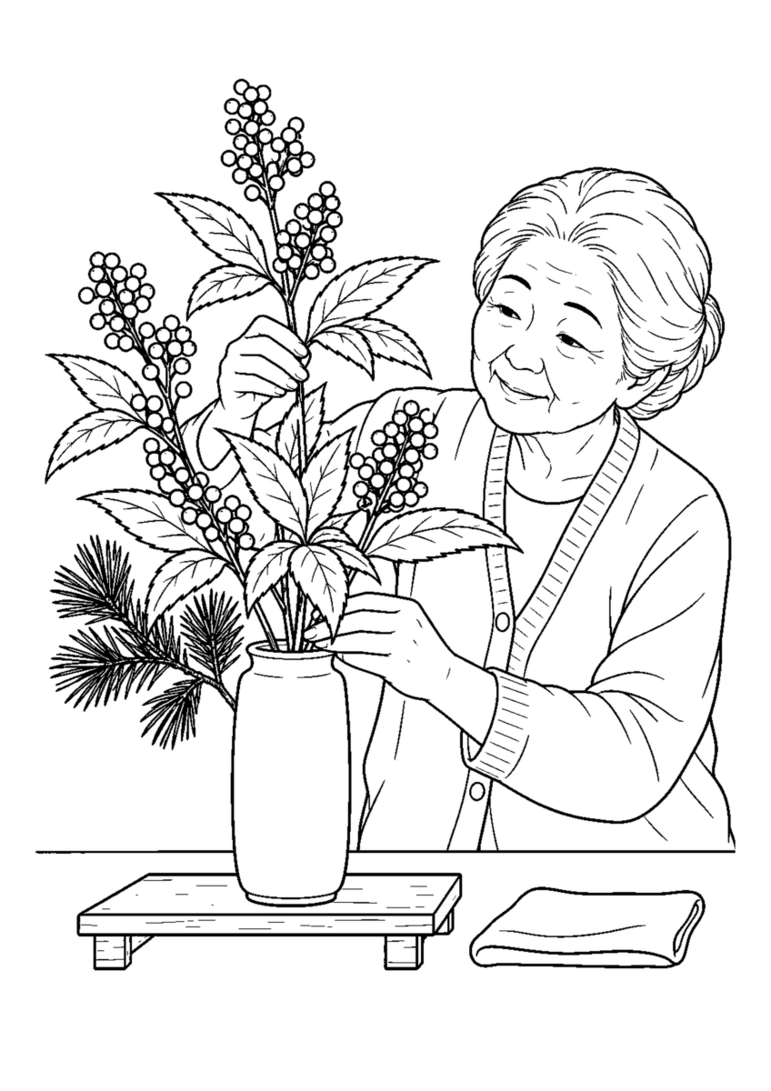 千両の赤い実を大きく描いた高齢者向けの白黒塗り絵