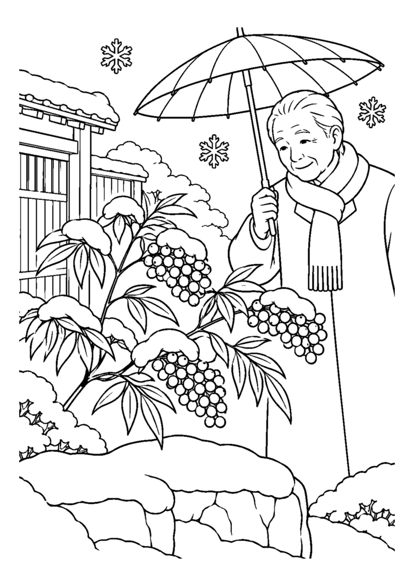 南天の実と雪を大きく描いた高齢者向けの白黒塗り絵