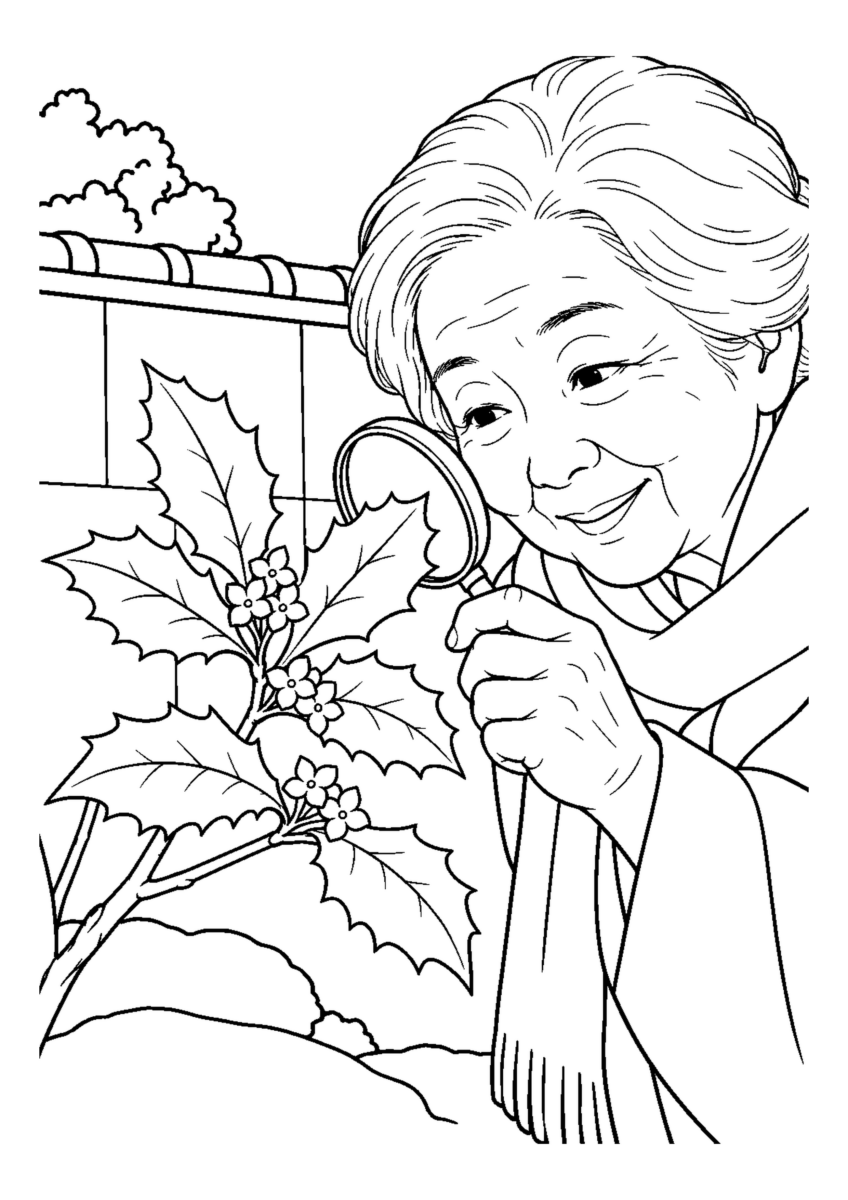 柊の小花を枝先で見るを大きく描いた高齢者向けの白黒塗り絵