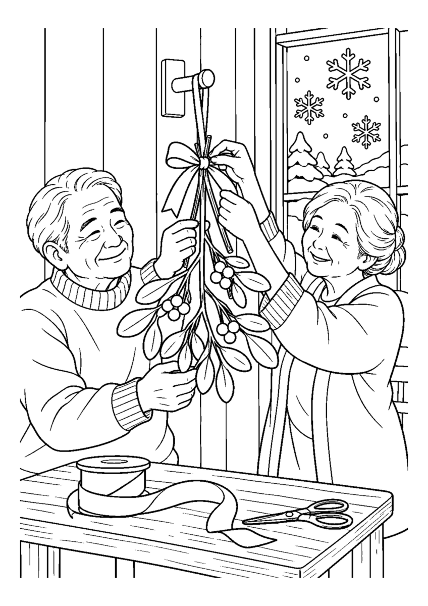 ヤドリギの枝飾りを大きく描いた高齢者向けの白黒塗り絵