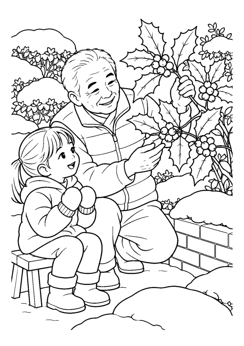 ヒイラギモチの赤い実を大きく描いた高齢者向けの白黒塗り絵