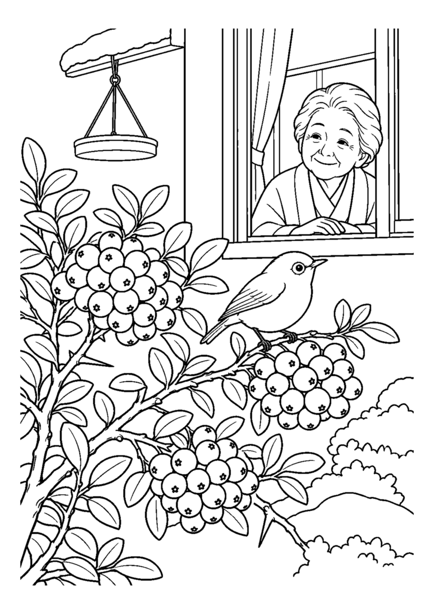 ピラカンサの実に小鳥を大きく描いた高齢者向けの白黒塗り絵