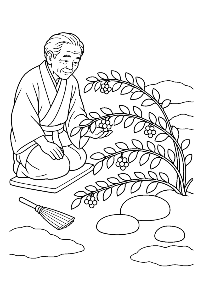 コトネアスターの赤い実を大きく描いた高齢者向けの白黒塗り絵