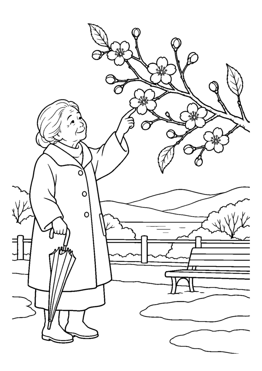 冬桜の枝を大きく描いた高齢者向けの白黒塗り絵