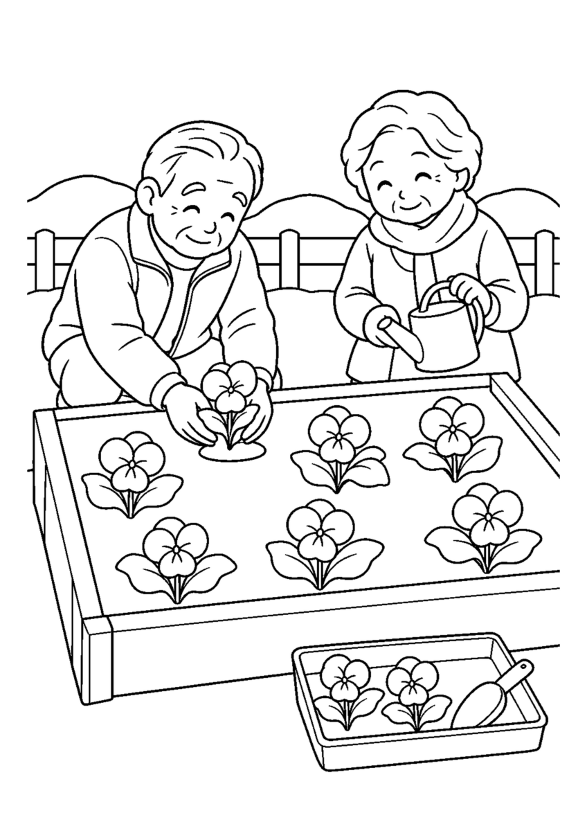 ビオラを植える十二月の庭を大きく描いた高齢者向けの白黒塗り絵