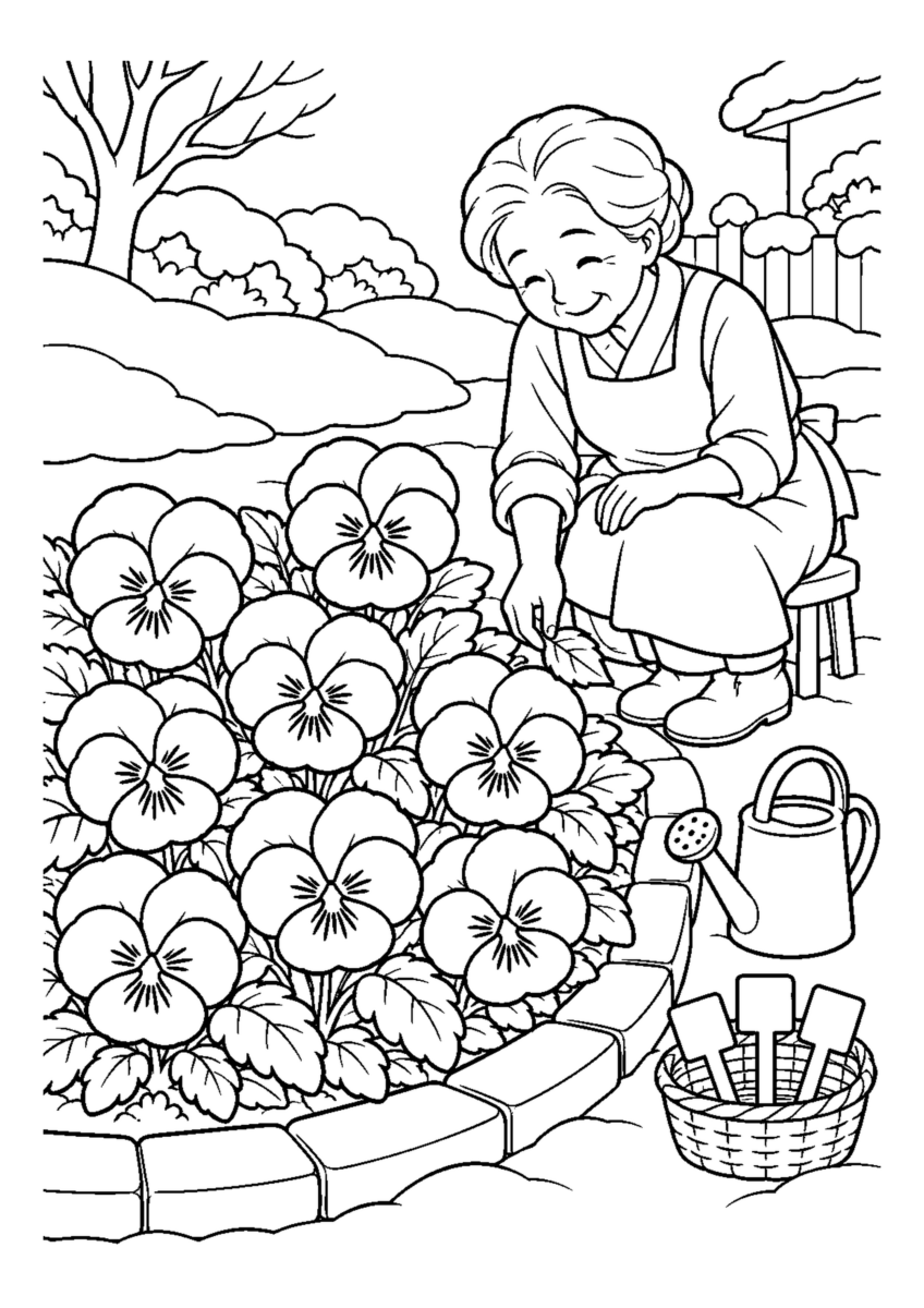 パンジーの花壇を大きく描いた高齢者向けの白黒塗り絵