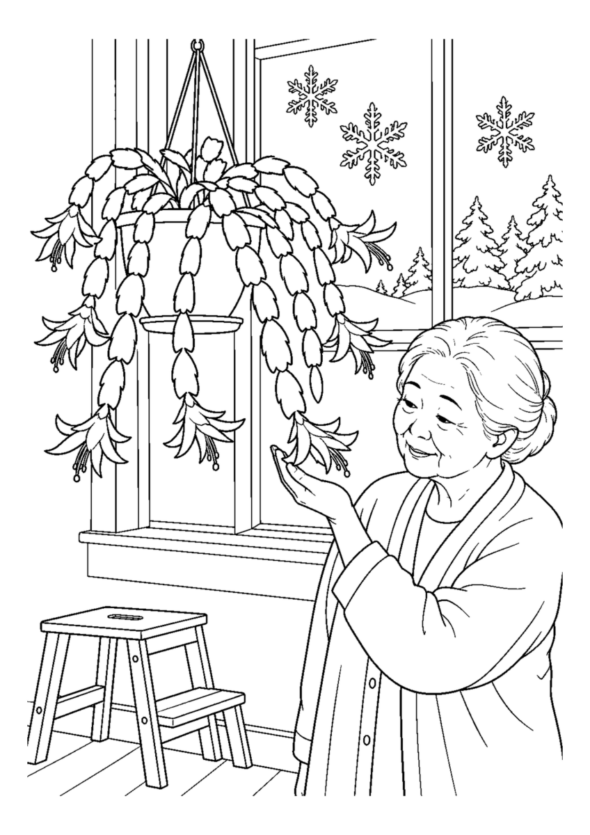 シャコバサボテンの花を大きく描いた高齢者向けの白黒塗り絵