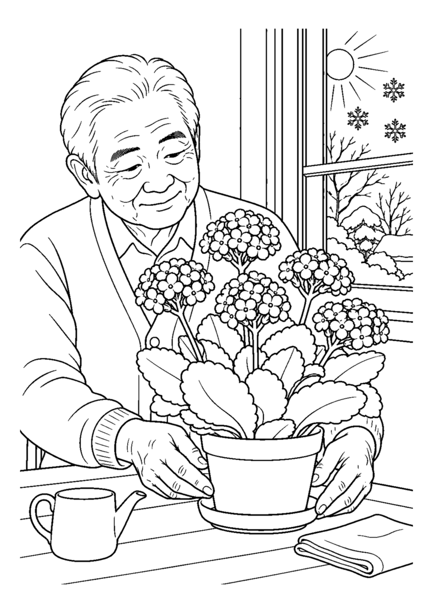 カランコエの鉢を大きく描いた高齢者向けの白黒塗り絵