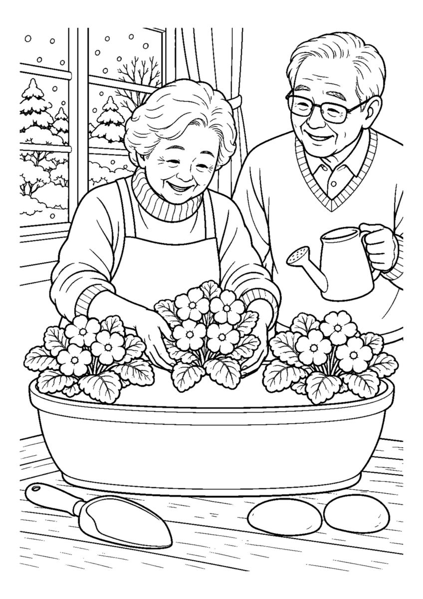 プリムラの寄せ植えを大きく描いた高齢者向けの白黒塗り絵
