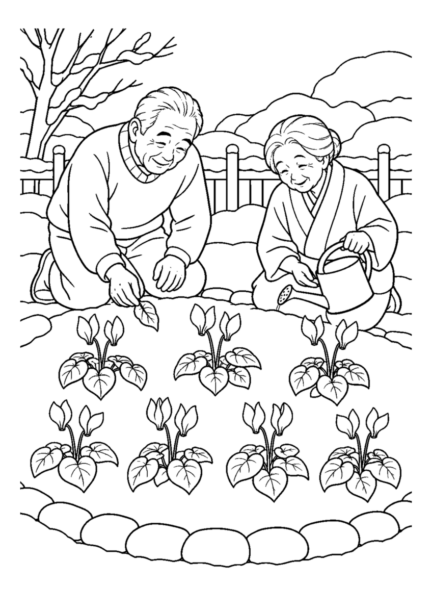 ガーデンシクラメンの花壇を大きく描いた高齢者向けの白黒塗り絵