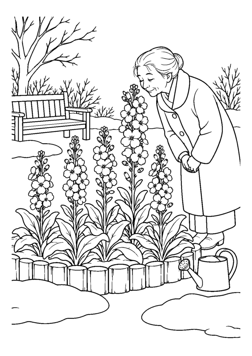 ストックの冬花壇を大きく描いた高齢者向けの白黒塗り絵